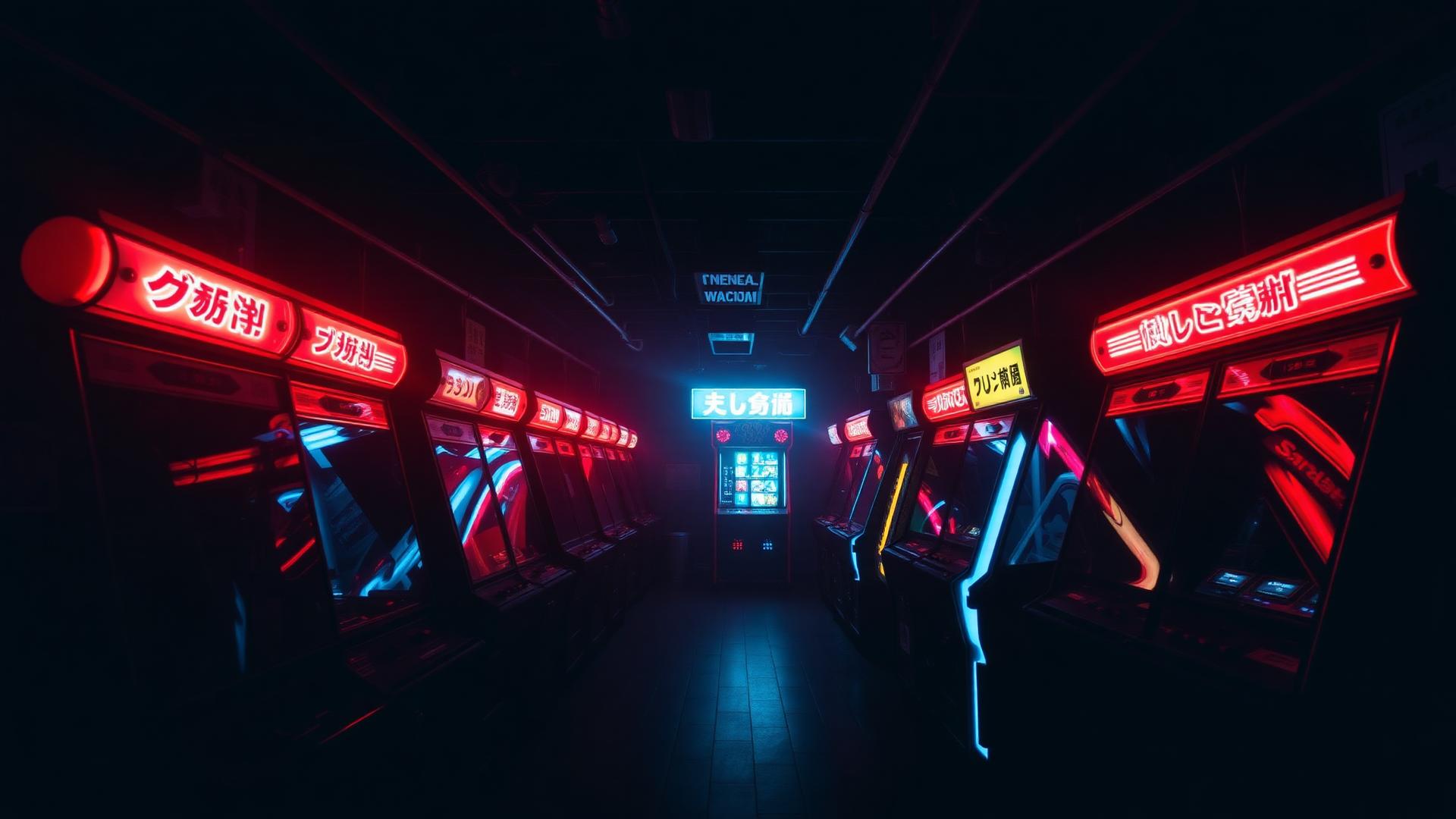 Dark Japanese arcade lined with glowing candy cabinets